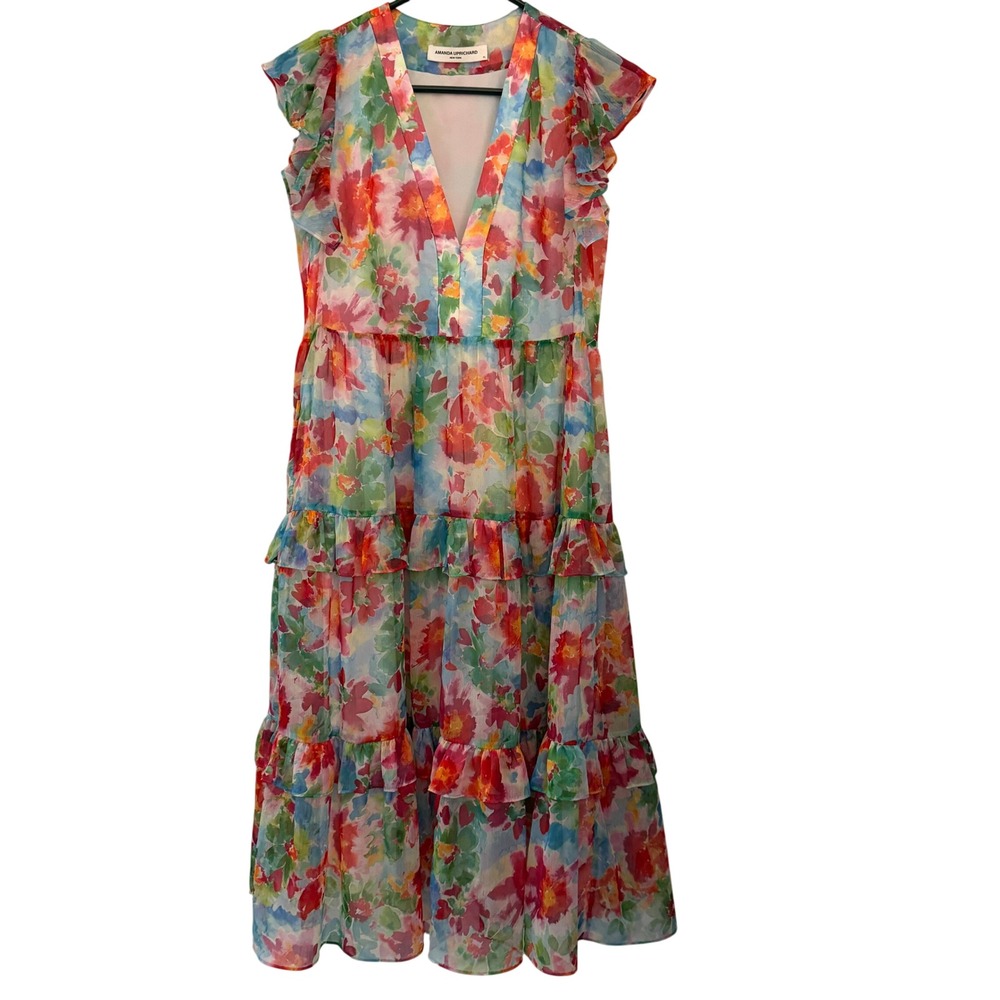 Amanda Uprichard Floral Maxi Dress Womens XS Multicolor Excellent Tiered Ruffle